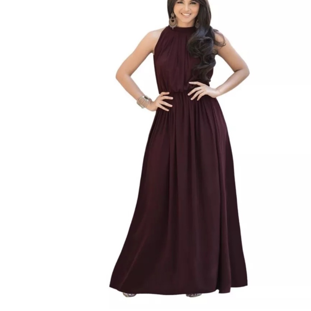 Koh Koh Maroon Red High Neck Chiffon Sleeveless Gown Sz L Open Tie Back NEW